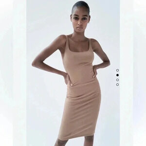 Zara Trafaluc Women’s Tan Beige Midi Bodycon Sleeveless Dress Size Medium